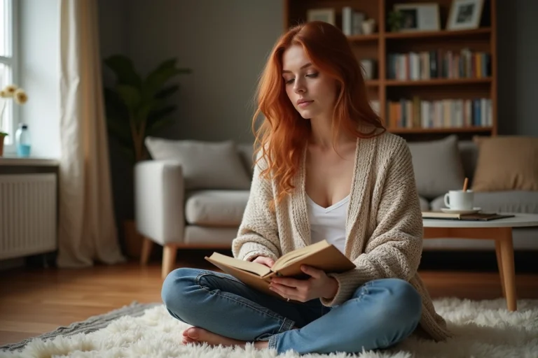 Femme assise en intérieur dans un appartement cosy en train de journaliser