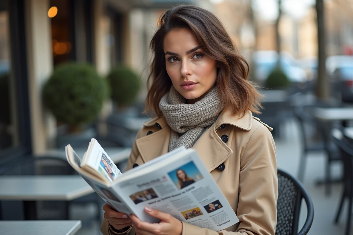 Femme en trench regardant des magazines financiers