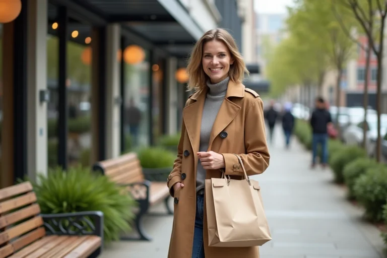 Femme élégante avec trench et sac beauté écologique