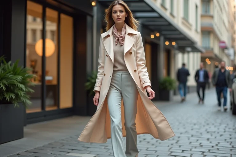 Femme élégante en trench pastel dans une rue urbaine