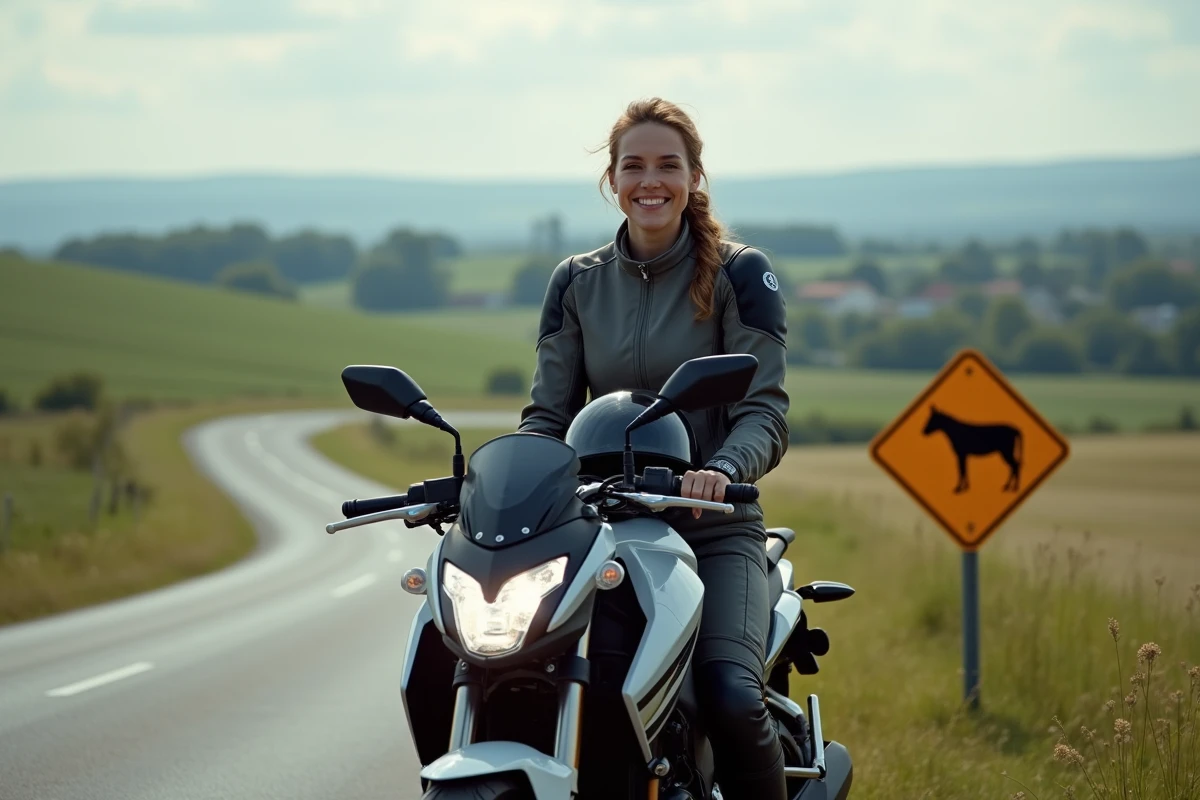 Femme souriante à moto Yamaha Niken dans la campagne française
