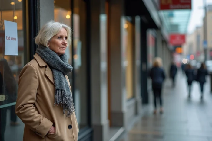Femme d'âge moyen devant une vitrine fermée dans un centre commercial