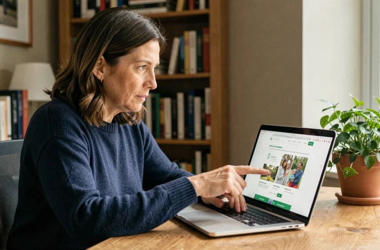 Femme naviguant sur la carte du site Family 2 Family depuis un bureau à domicile