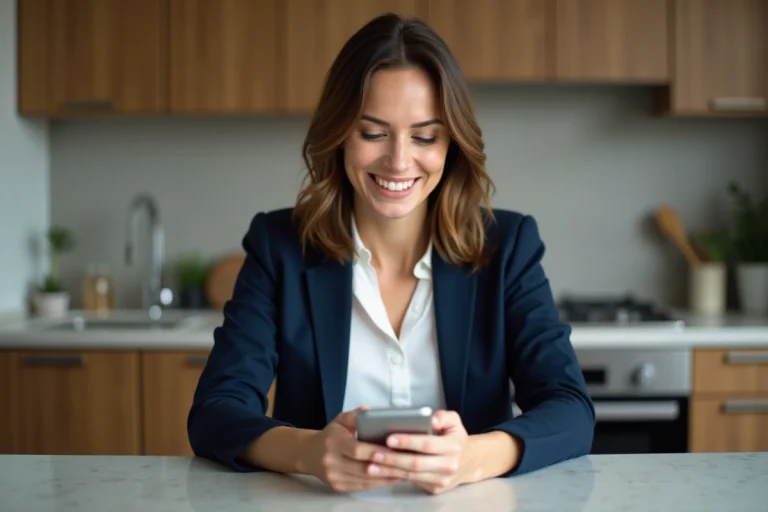 Femme d'affaires vérifiant sa fiche de paie sur smartphone