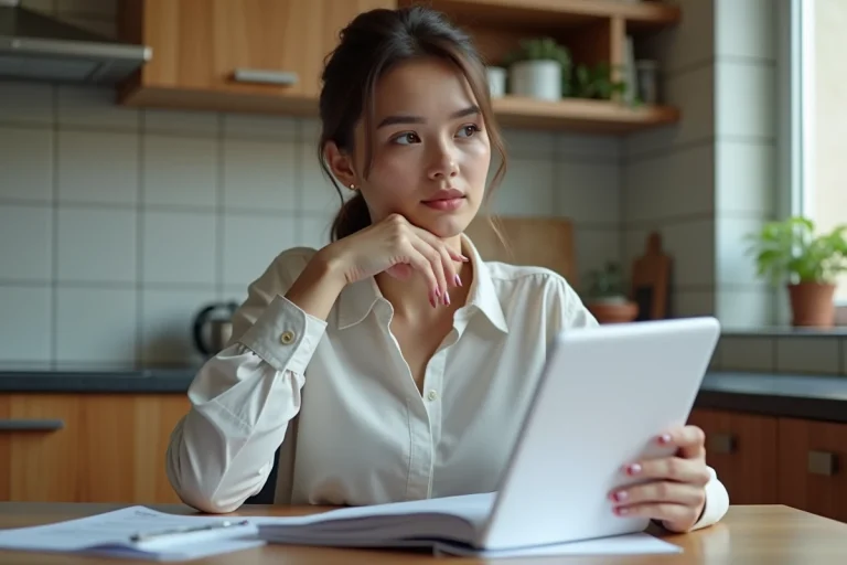 Jeune femme concentrée à la maison avec documents et tablette