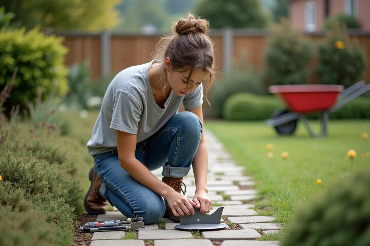 Femme examinant une lame de coupe-bâte dans le jardin
