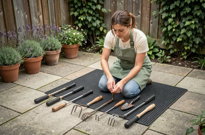 Femme arrangeant une sélection d'outils de jardinage sur un patio en pierre entouré de plantes en pot et d'un jardin soigné
