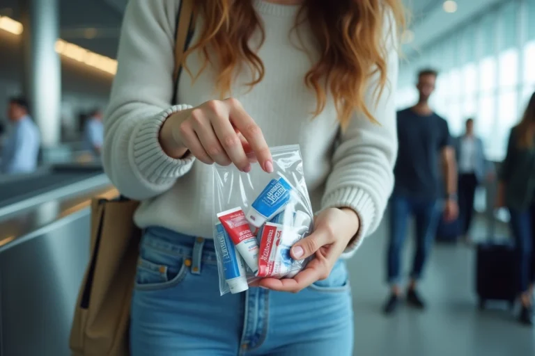 Femme faisant ses bagages avec des tubes de dentifrice à l'aéroport