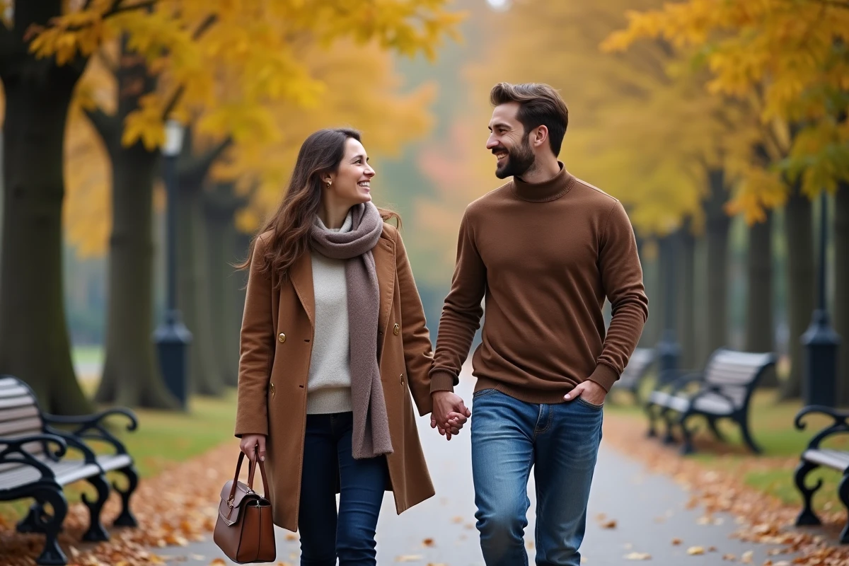 Femme et homme marchant dans un parc automnal en pleine nature