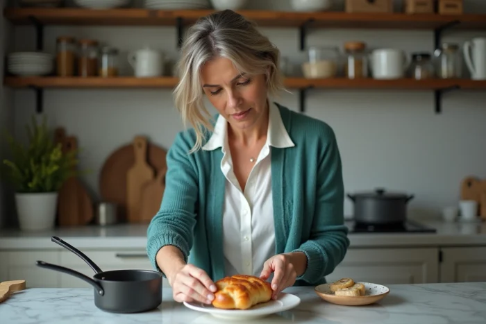 Femme française préparant une bouchée à la reine dans la cuisine