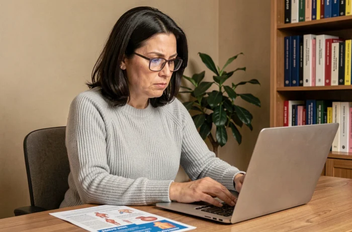 Femme consultant des informations de santé fiables sur un ordinateur portable dans un bureau à domicile
