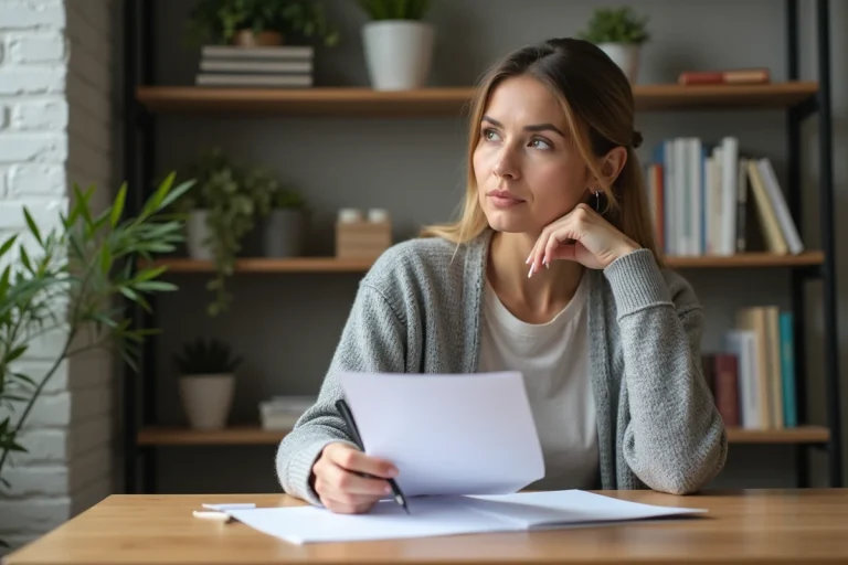 Femme réfléchissant à ses options de carrière dans un bureau lumineux