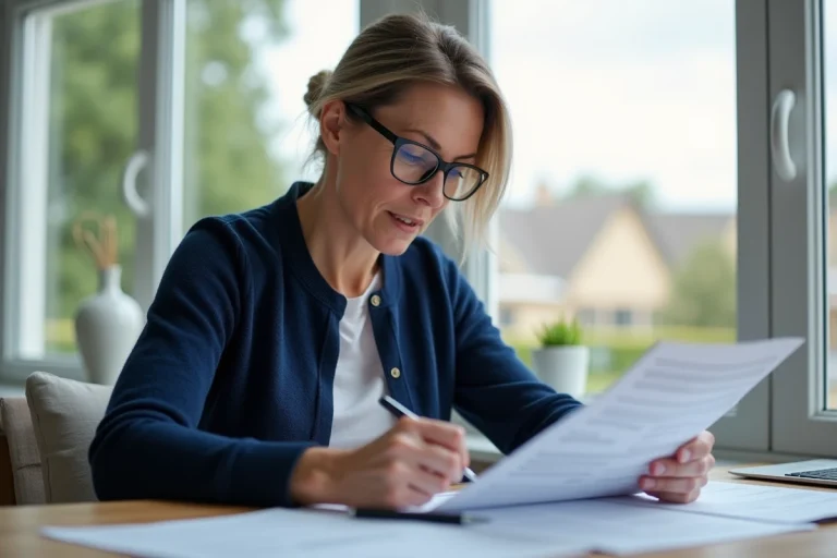 Femme en homeoffice examinant des documents de renovation de fenêtres