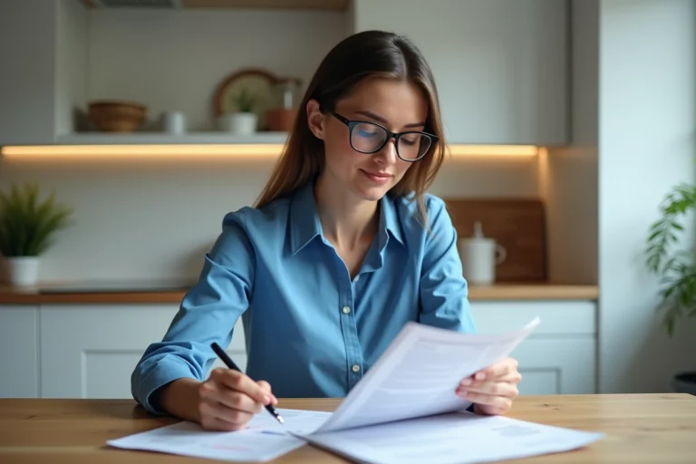 Femme en blouse bleue consulte ses relevés bancaires à la maison