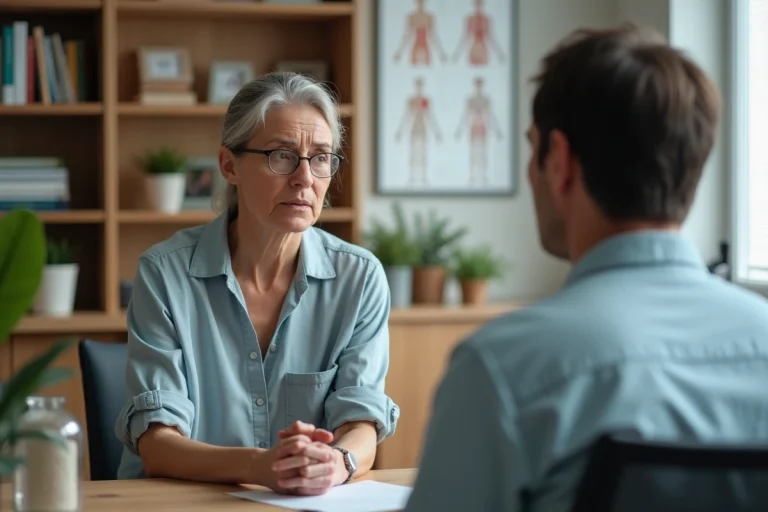 Femme préoccupée discutant avec un professionnel de santé