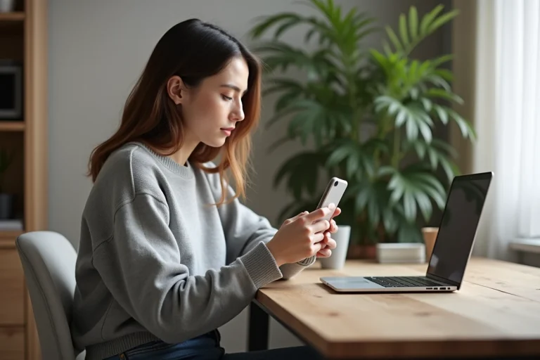 Femme concentrée sur son smartphone dans un bureau cosy