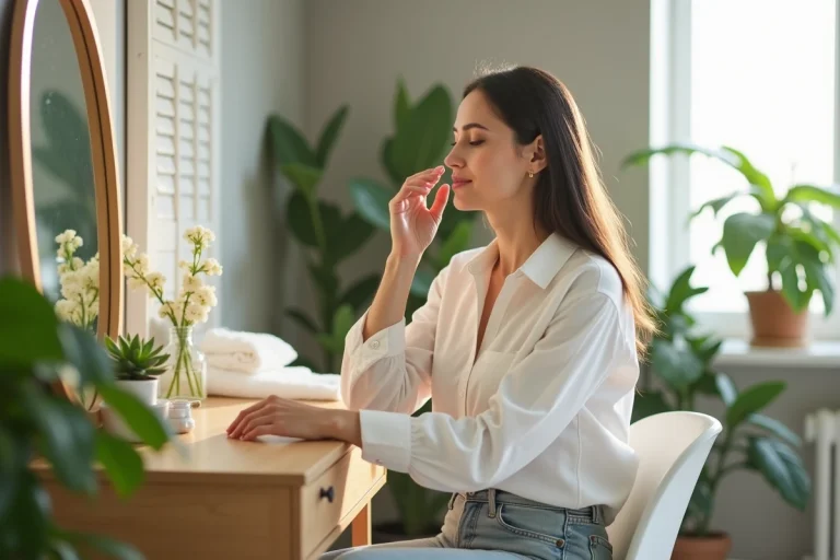 Femme appliquant une creme visage dans un cadre naturel
