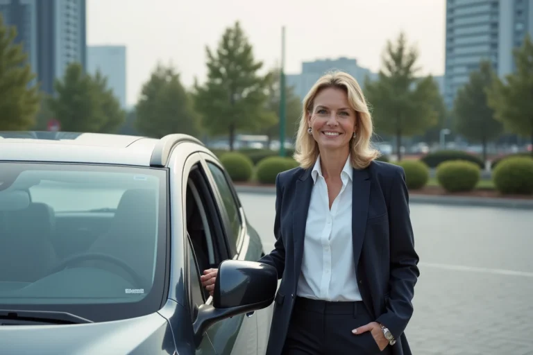 Femme confiante près d'une voiture en ville