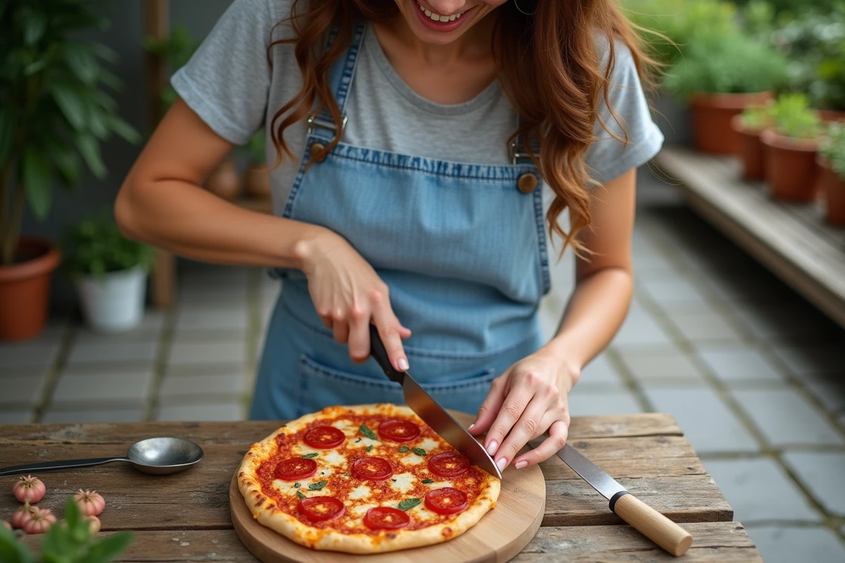 Jeune femme coupant une pizza fraîche dans un patio extérieur