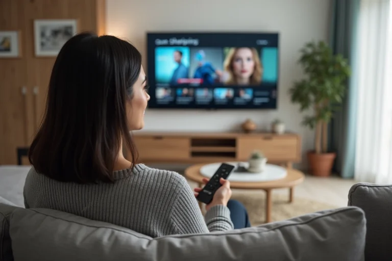 Femme regardant une interface VOD sur sa télévision dans un salon moderne et cosy