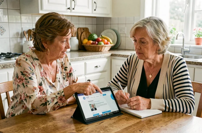 Deux femmes consultant ensemble un site de santé fiable sur une tablette à la maison