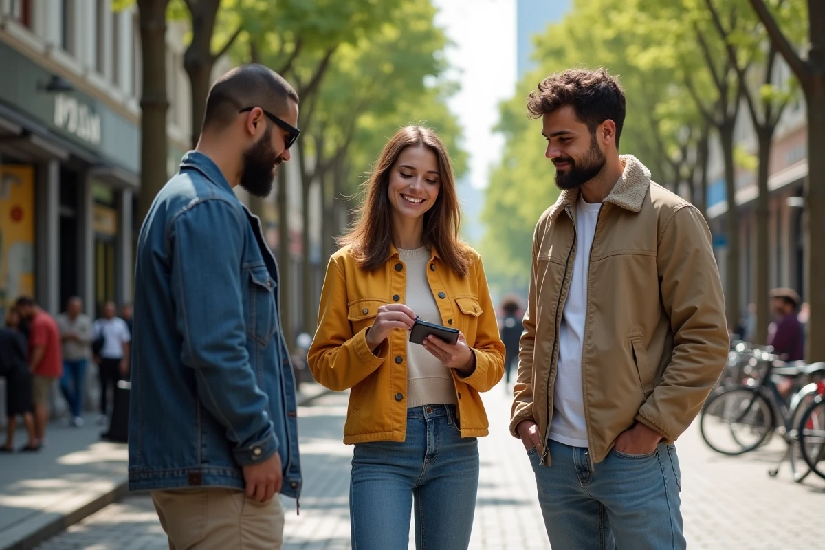 Groupe d amis regardant des etiquettes de vetements en ville