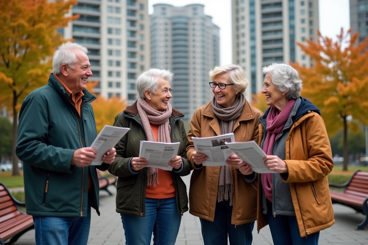 Groupe de seniors discutant dans un parc en automne