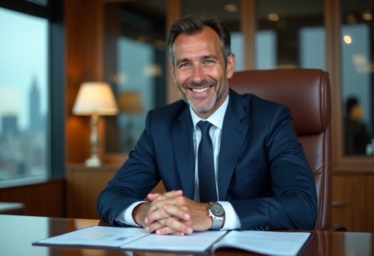 Homme d'affaires confiant en costume dans un bureau moderne