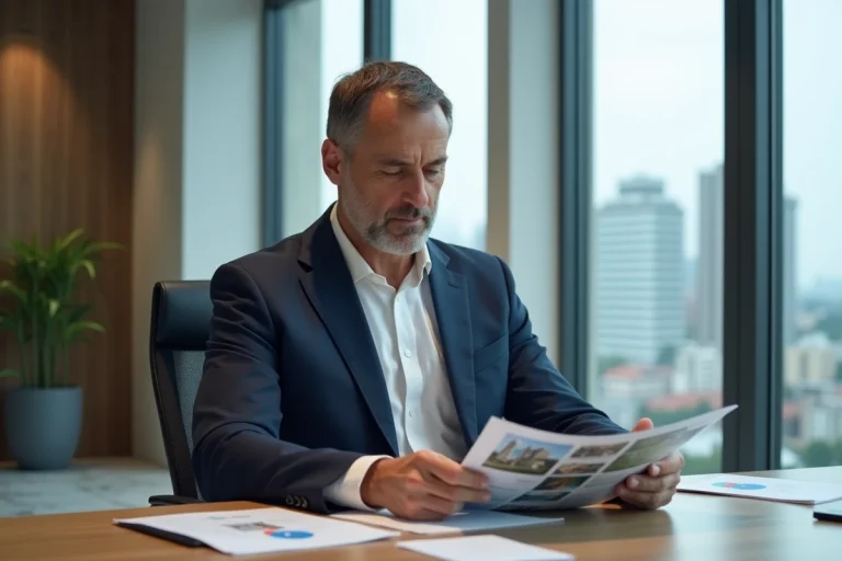 Homme d'affaires en costume bleu dans un bureau moderne