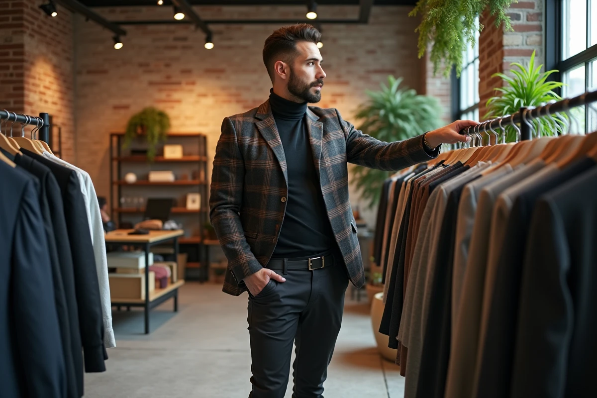 Homme stylé choisissant des vêtements dans une boutique moderne