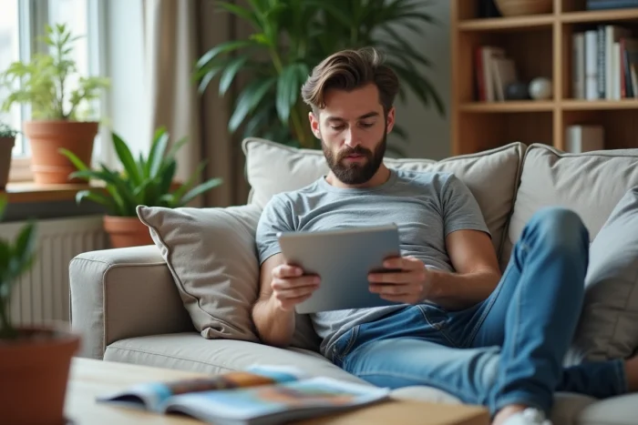 Homme allongé sur un canapé consultant les promotions du mardi de Voyage Leclerc sur une tablette numérique