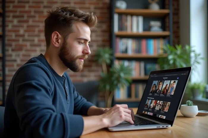 Homme parcourant un catalogue VOD sur son ordinateur portable dans un bureau à domicile