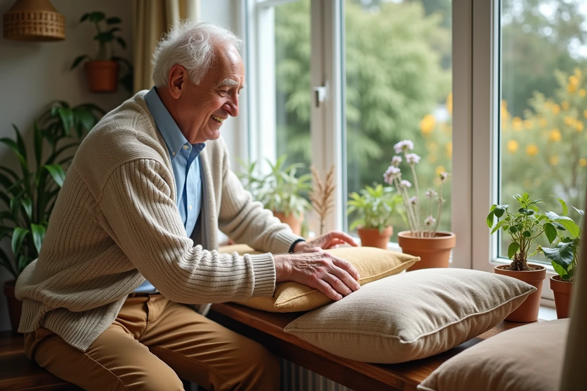 Homme âgé arrangeant des coussins dans une véranda lumineuse