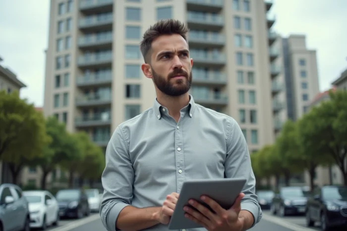 Homme évaluant un immeuble résidentiel neuf avec une tablette affichant une plateforme d'investissement immobilier