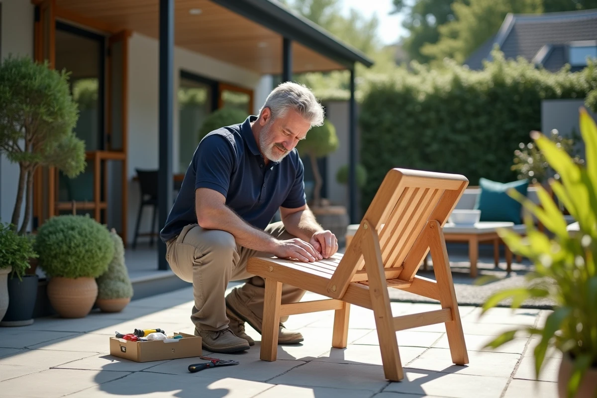 Homme assemble une chaise en bois dans le jardin