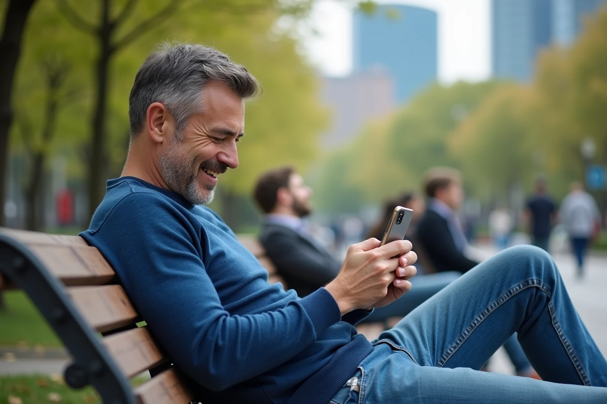 Homme relaxant dans un parc en utilisant son smartphone