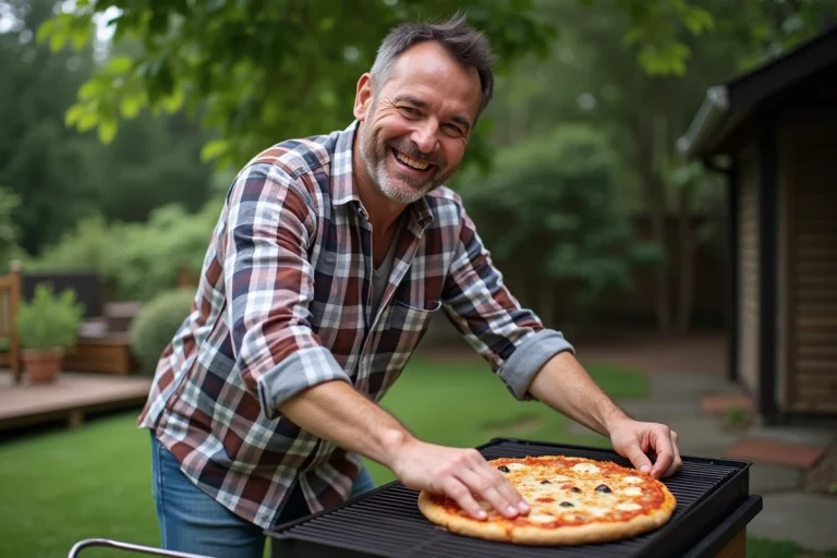 Homme souriant préparant une pizza maison sur un grill en été