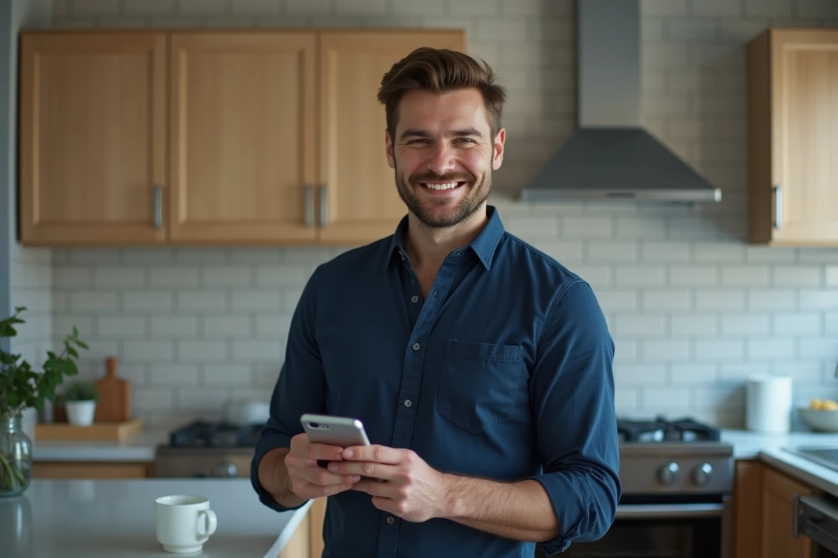 Homme souriant dans une cuisine moderne et lumineuse