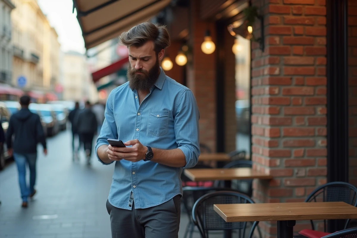 Homme sceptique regardant son smartphone dans la rue urbaine