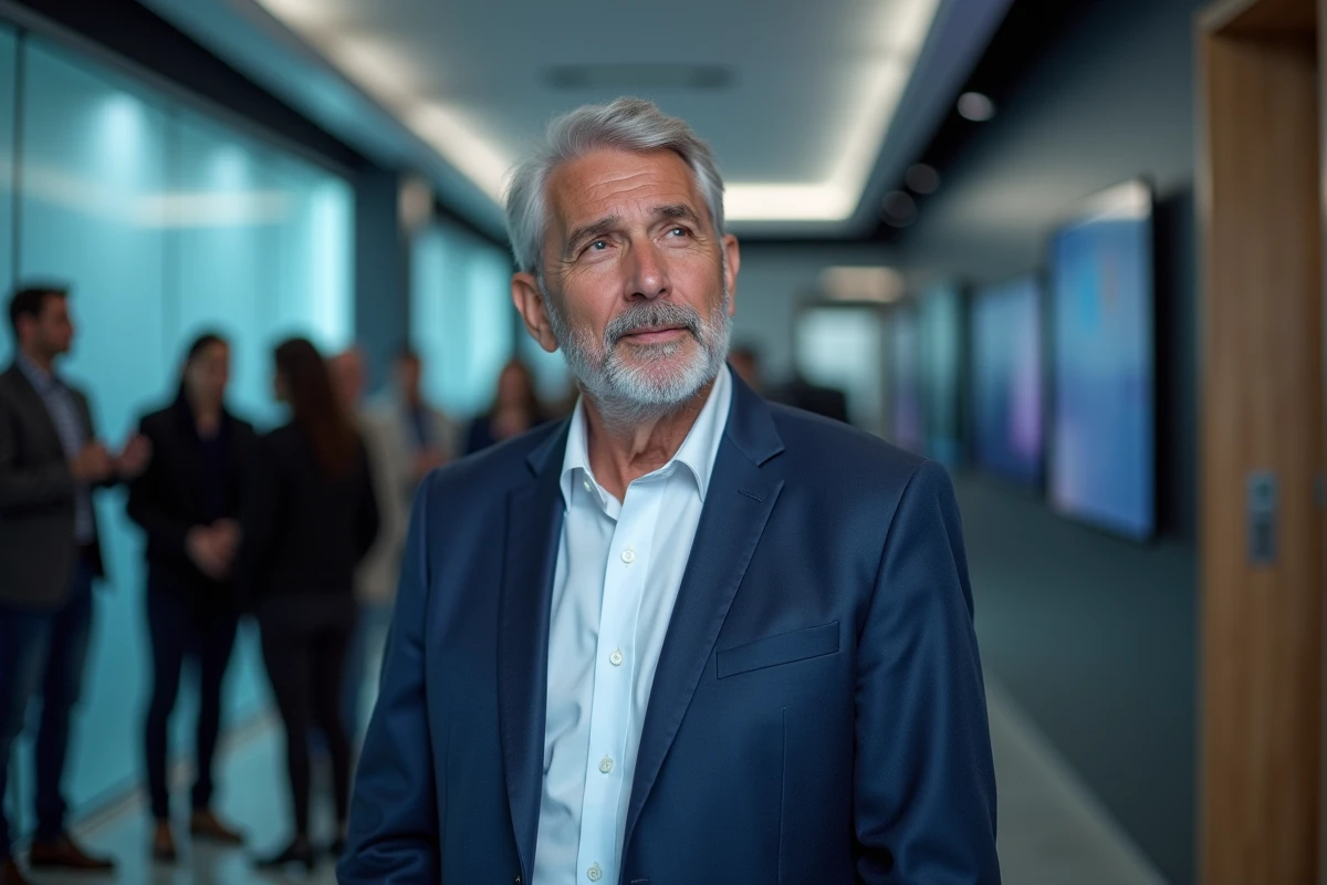 Homme en blazer dans un couloir de studio télé