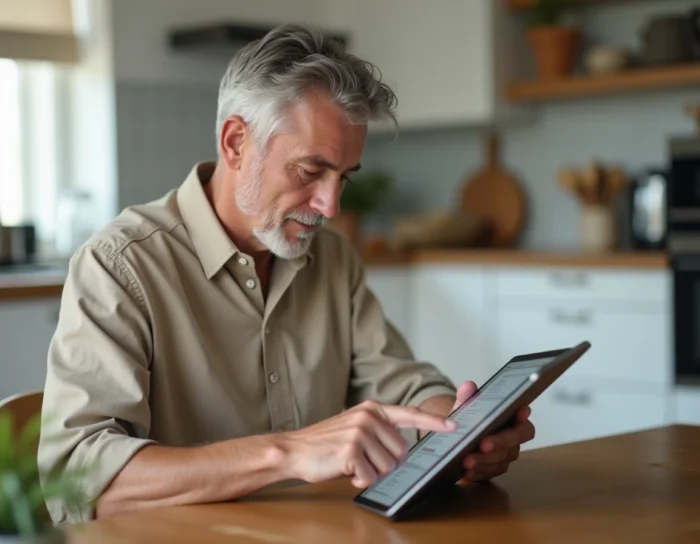 Homme utilisant une tablette pour explorer la carte du site Family 2 Family dans une cuisine familiale