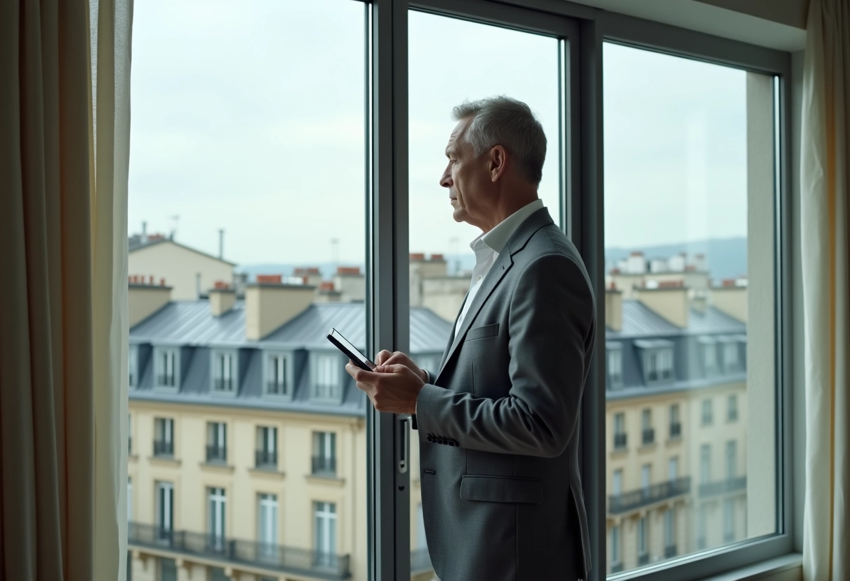 Homme en blazer regardant par la fenêtre sur Paris