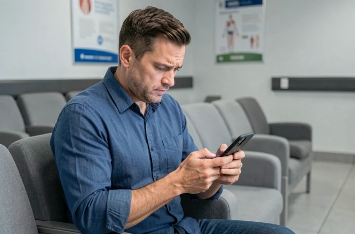 Homme vérifiant des informations médicales sur son smartphone dans une salle d'attente d'hôpital