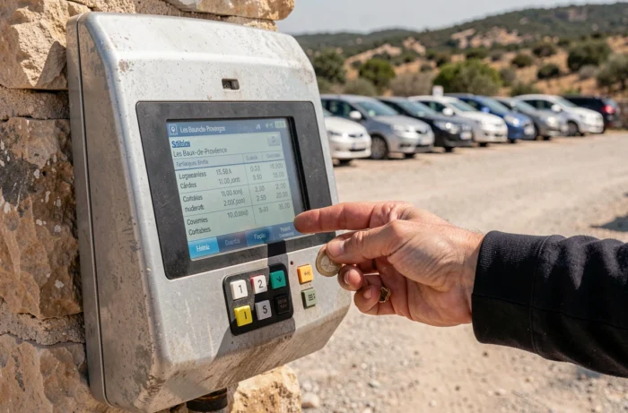 Horodateur de parking aux Baux-de-Provence avec affichage des tarifs et horaires en français