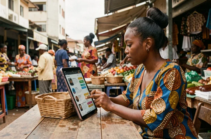 Jeune femme nigériane consultant un guide téléphonique sur une tablette dans un marché animé d'Abuja avec l'indicatif 234