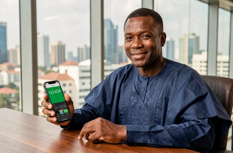 Homme d'affaires nigérian tenant un smartphone affichant l'indicatif téléphonique +234 du Nigeria dans un bureau moderne à Lagos
