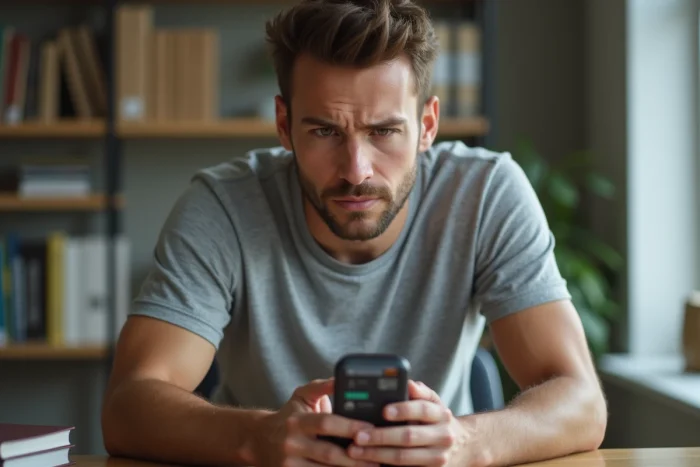 Homme installant une application sur iPhone depuis un bureau à domicile, illustrant la méthode d'installation d'Installous sur iOS