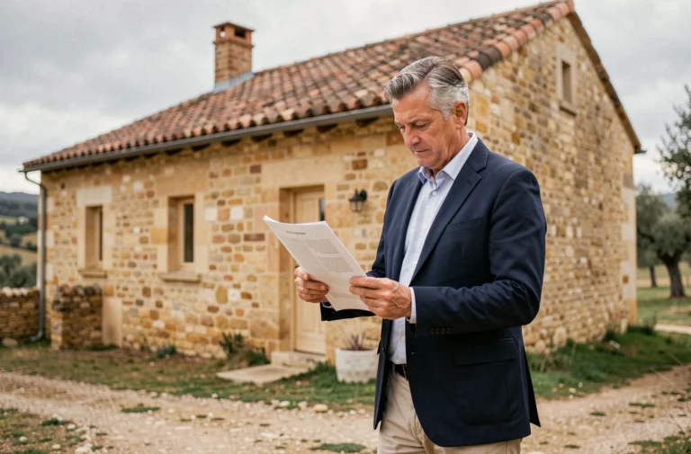 Investisseur immobilier devant une ferme en pierre du Quercy dans le Lot, étudiant des documents de propriété