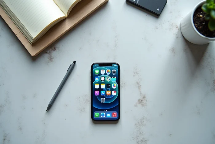 Vue de dessus d'un iPhone affichant des applications iOS sur un bureau en béton avec un carnet de notes, illustrant les étapes d'installation d'une application sur iPhone