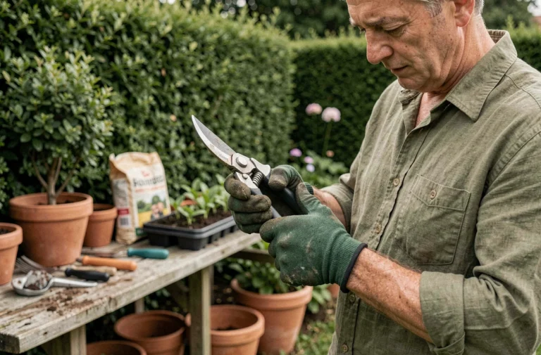 Jardinier expérimenté examinant un sécateur de qualité dans un jardin verdoyant avec des outils de jardinage sur un établi en bois